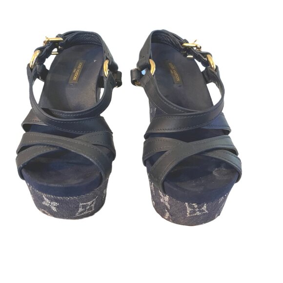 Louis Vuitton Navy Blue LV Monogram Denim & Leather Wedge Sandals Size 36/US 6 - Picture 12 of 13